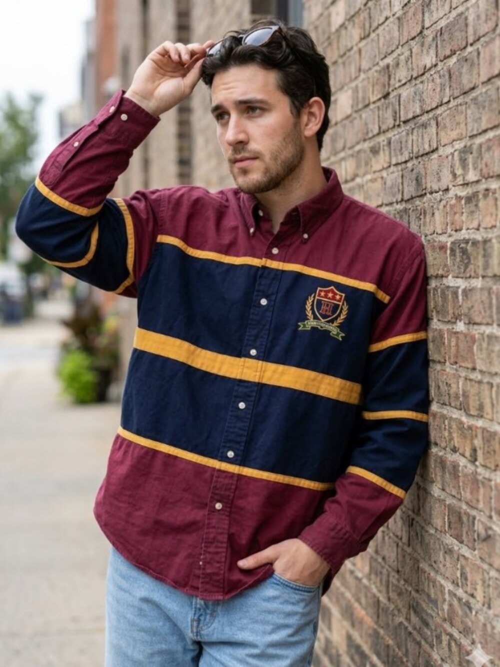 Vintage Tommy Hilfiger Crest Rugby Stripe Button Down Shirt Men's L 90s Colorblo